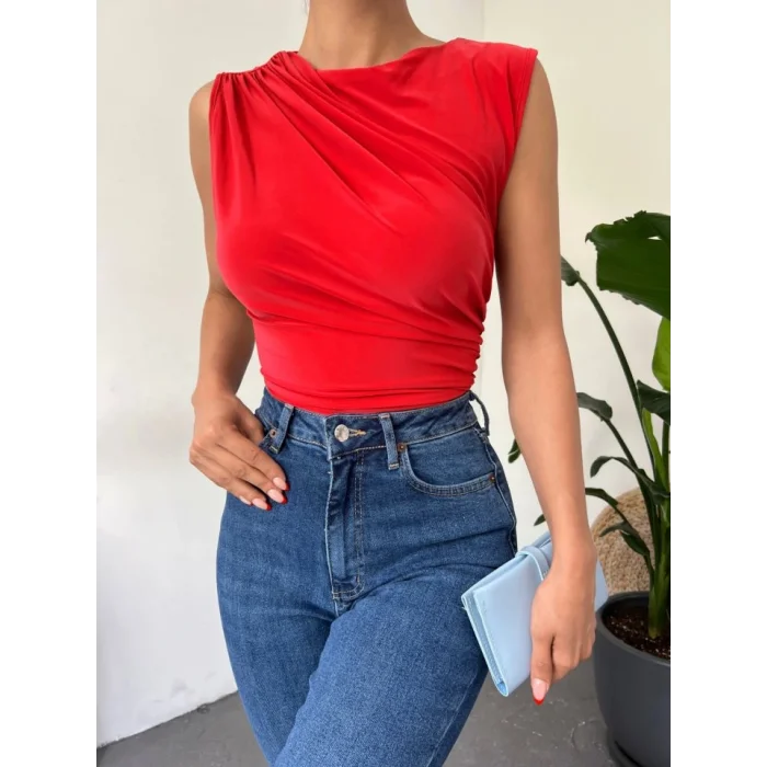 Bisiklet Yaka Sıfır Kol Sandy Bluz -Kırmızı