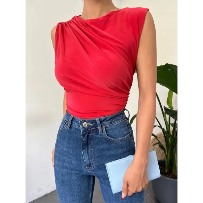 Bisiklet Yaka Sıfır Kol Sandy Bluz -Kırmızı