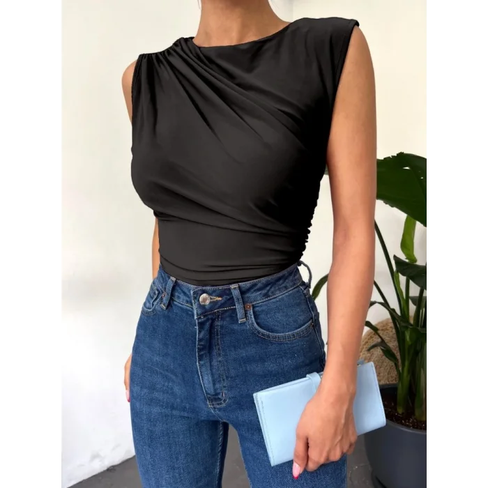 Bisiklet Yaka Sıfır Kol Sandy Bluz -Siyah
