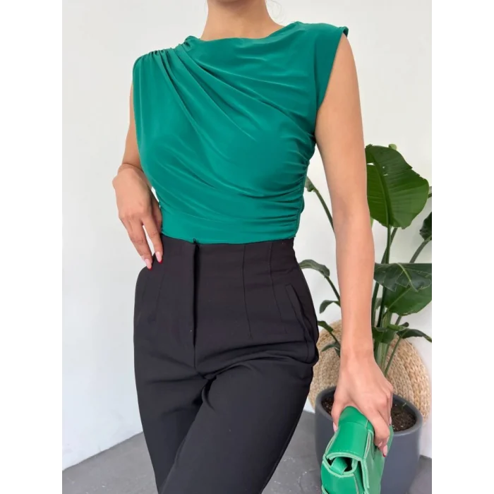 Bisiklet Yaka Sıfır Kol Sandy Bluz -Zümrüt