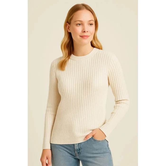 Bisiklet Yuvarlak Yaka Triko Kazak Pamuklu Kalın Fitilli Dokuma, Regular Fit Uzun Kollu Kışlık Model - Bej