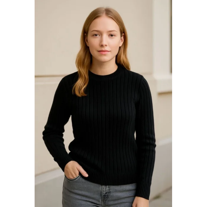 Bisiklet Yuvarlak Yaka Triko Kazak Pamuklu Kalın Fitilli Dokuma, Regular Fit Uzun Kollu Kışlık Model - Siyah