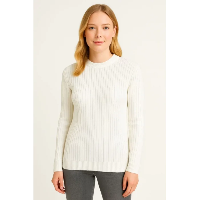 Bisiklet Yuvarlak Yaka Triko Kazak Pamuklu Kalın Fitilli Dokuma, Regular Fit Uzun Kollu Kışlık Model - Beyaz