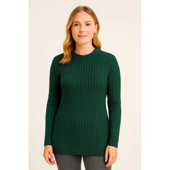 Bisiklet Yuvarlak Yaka Triko Kazak Pamuklu Kalın Fitilli Dokuma, Regular Fit Uzun Kollu Kışlık Model - Haki