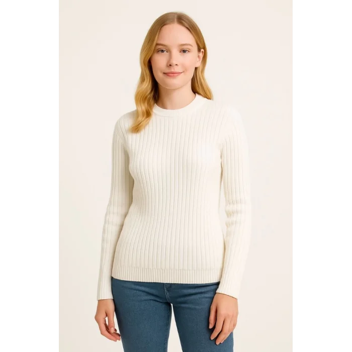 Bisiklet Yuvarlak Yaka Triko Kazak Pamuklu Kalın Fitilli Dokuma, Regular Fit Uzun Kollu Kışlık Model - Beyaz