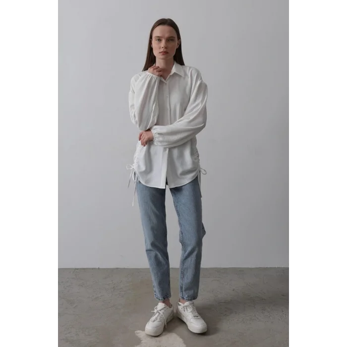 Biye Detaylı Ayrobin Gömlek - Beyaz