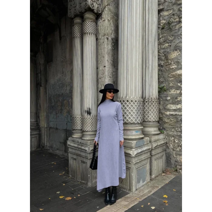 Boğazlı kalın bürümcük uzun elbise gri