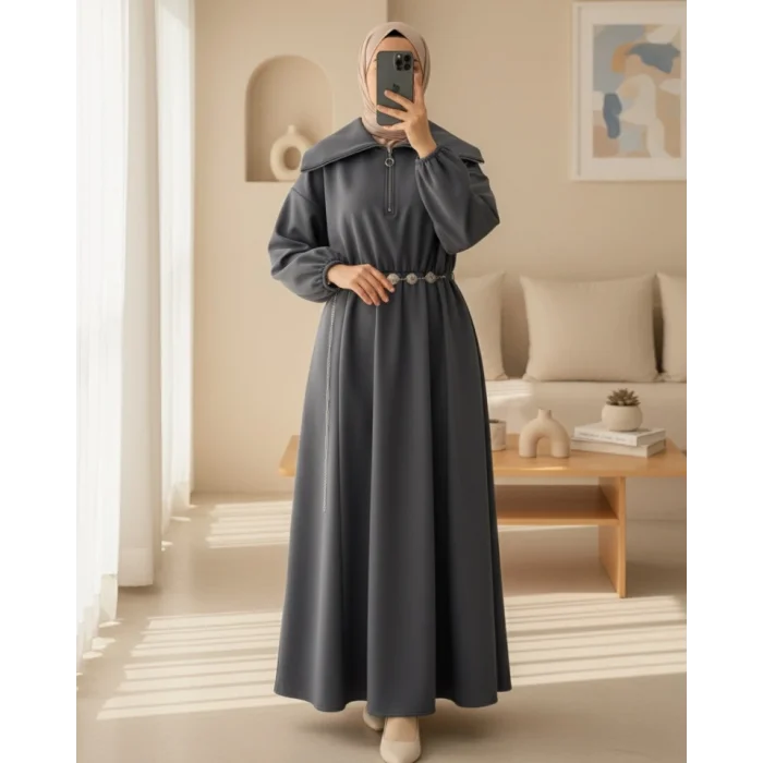 Boğazlı Yarım Fermuarlı Beli Büzgülü Kemerli Scuba Elbise  -Füme