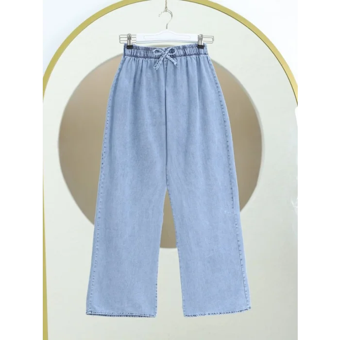 Bol Paça Beli Lastikli Bağcık Detaylı Kot Pantolon      -Buz Mavi