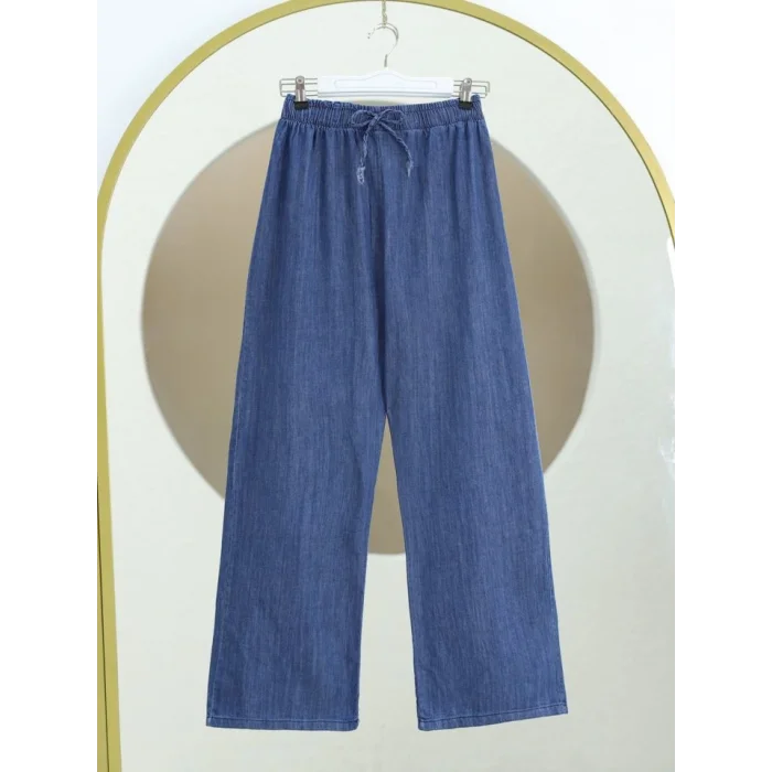 Bol Paça Beli Lastikli Bağcık Detaylı Kot Pantolon  -Koyu Mavi