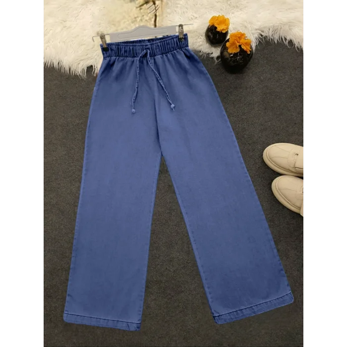 Bol Paça Beli Lastikli Bağcık Detaylı Kot Pantolon  -Koyu Mavi