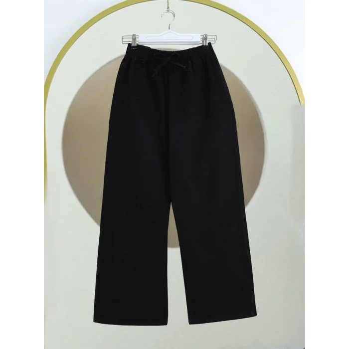 Bol Paça Beli Lastikli Bağcık Detaylı Keten Pantolon-Siyah