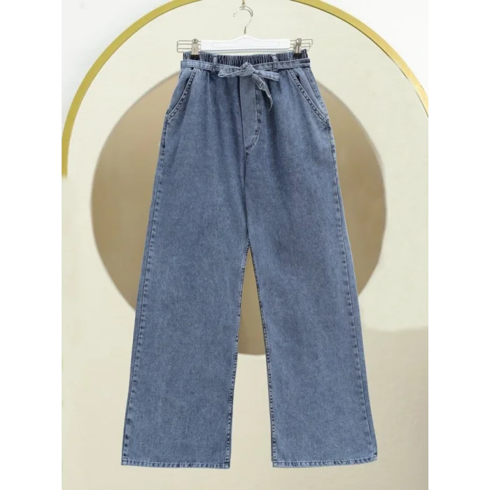 Bol Paça Beli Lastikli Kuşaklı Kot Pantolon -Buz Mavi