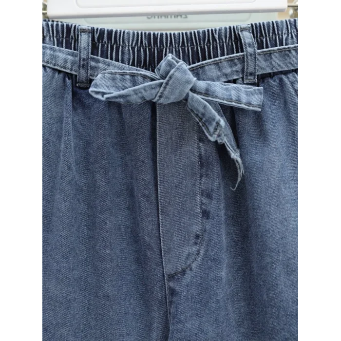 Bol Paça Beli Lastikli Kuşaklı Kot Pantolon -Buz Mavi