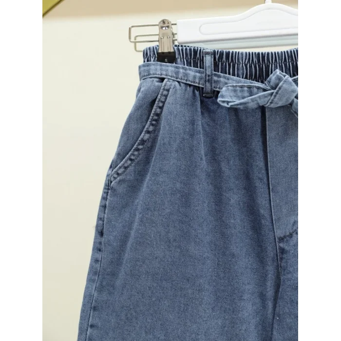 Bol Paça Beli Lastikli Kuşaklı Kot Pantolon -Buz Mavi