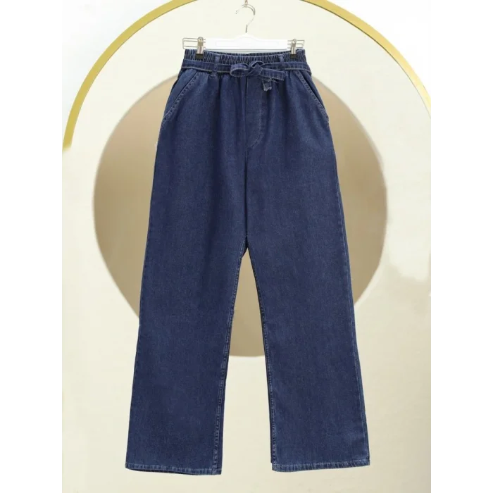 Bol Paça Beli Lastikli Kuşaklı Kot Pantolon -İndigo