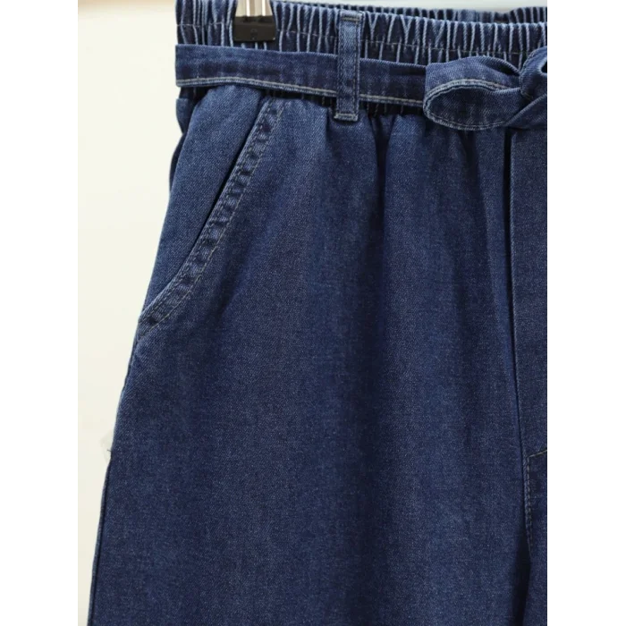 Bol Paça Beli Lastikli Kuşaklı Kot Pantolon -İndigo