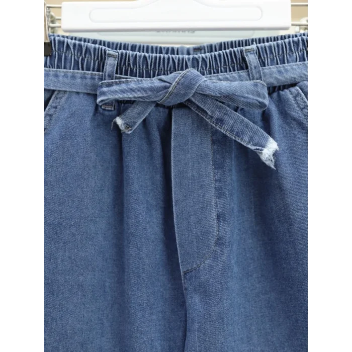 Bol Paça Beli Lastikli Kuşaklı Kot Pantolon -Koyu Mavi