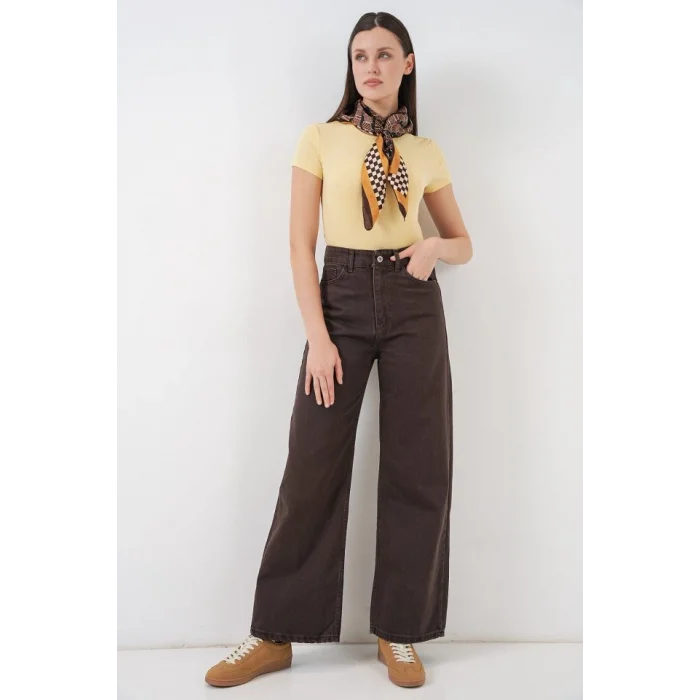 Bol Paça Yüksek Bel Palazzo Kot Pantolon 6656 - Kahverengi