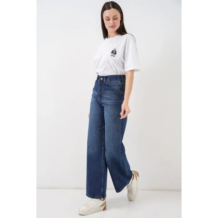 Bol Paça Yüksek Bel Palazzo Kot Pantolon 6656 - Lacivert