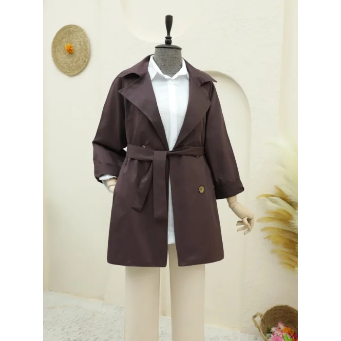 Bolero Detaylı Düğmeli Ara Boy Trençkot -Mürdüm