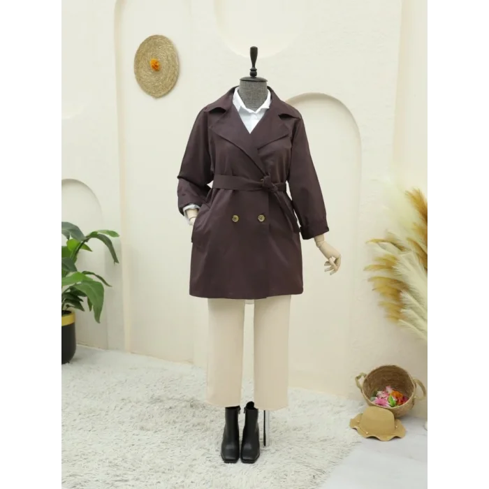 Bolero Detaylı Düğmeli Ara Boy Trençkot -Mürdüm