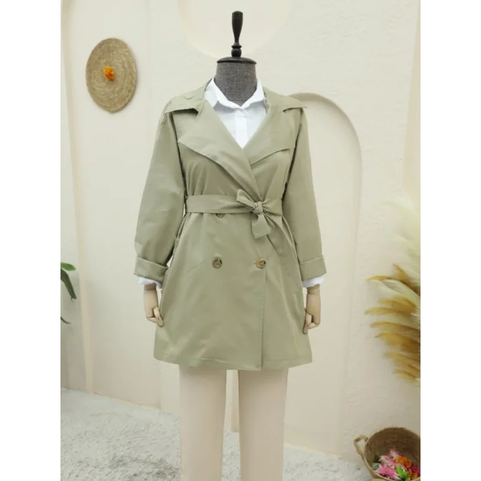 Bolero Detaylı Düğmeli Ara Boy Trençkot -Taş