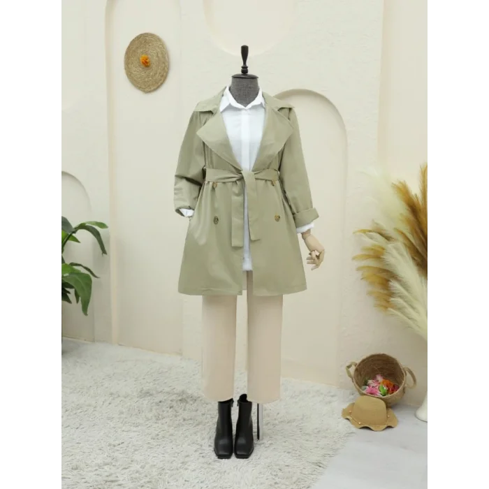 Bolero Detaylı Düğmeli Ara Boy Trençkot -Taş