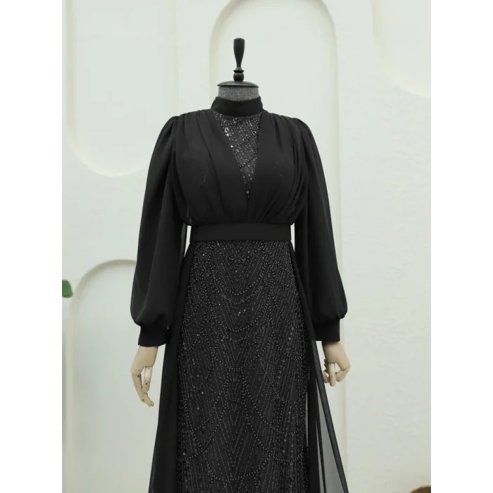 Boncuk Ve Pul Detaylı Kemerli Şifon Abiye -Siyah