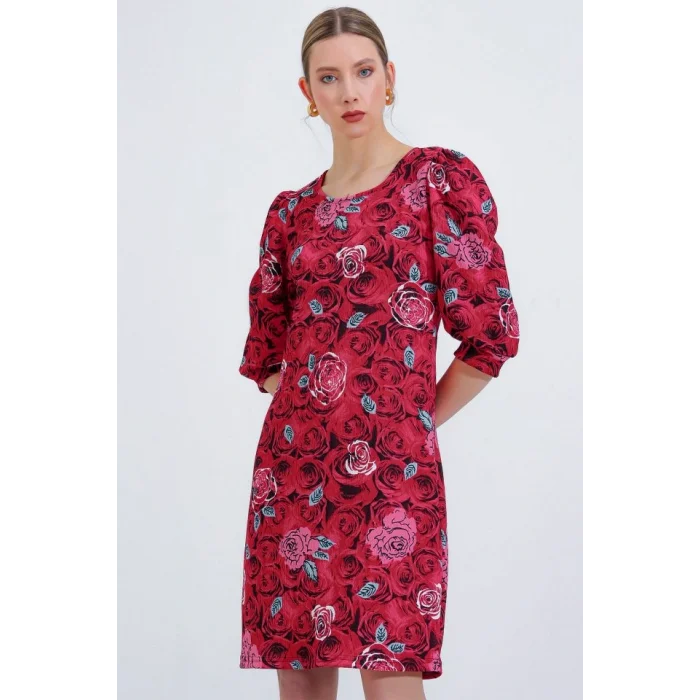 Bordo Gül Desenli Midi Elbise 2477