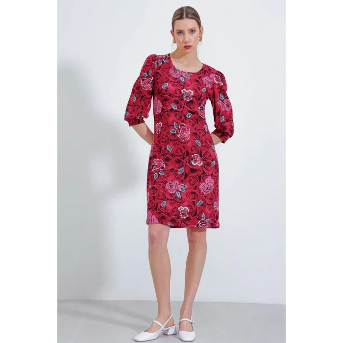 Bordo Gül Desenli Midi Elbise 2477