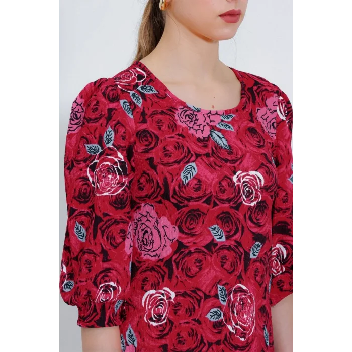 Bordo Gül Desenli Midi Elbise 2477