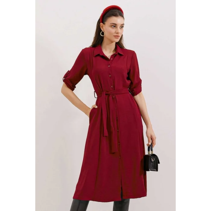 Bordo Kuşaklı Gömlek Elbise 2442
