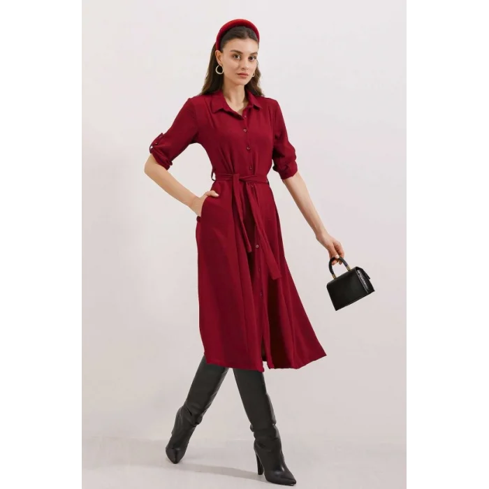 Bordo Kuşaklı Gömlek Elbise 2442