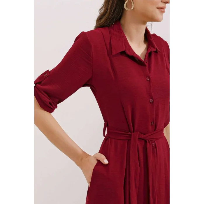 Bordo Kuşaklı Gömlek Elbise 2442