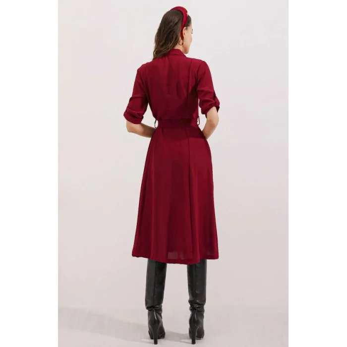 Bordo Kuşaklı Gömlek Elbise 2442