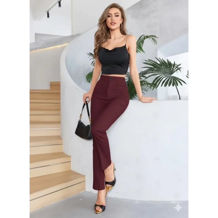 Bordo Renk Yüksek Bel Maskülen Kesim Kumaş Pantolon