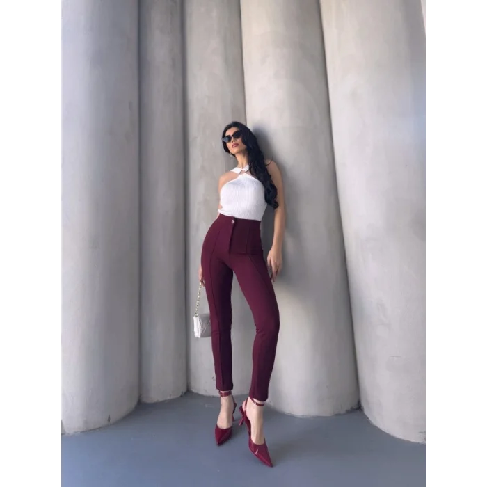 Bordo Renk Yüksek Bel Maskülen Kesim Kumaş Pantolon