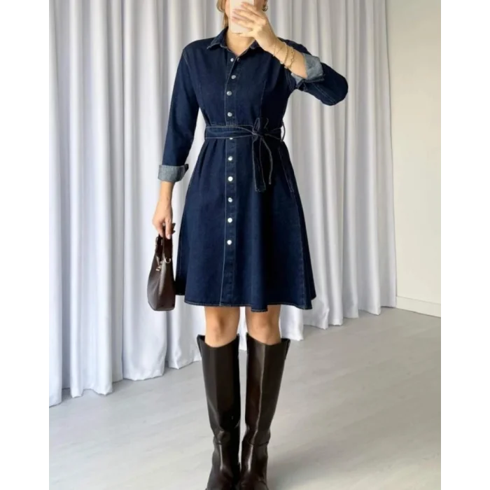 Boydan Çıtçıtlı Kemerli Kot Elbise -İndigo