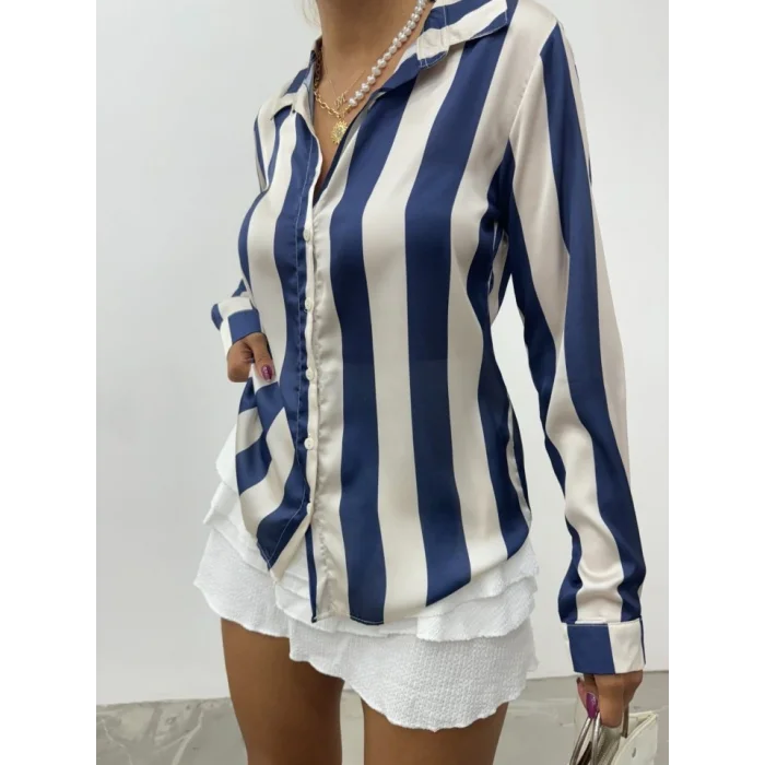 Boydan Düğmeli Arkası Uzun Saten Gömlek-Laci