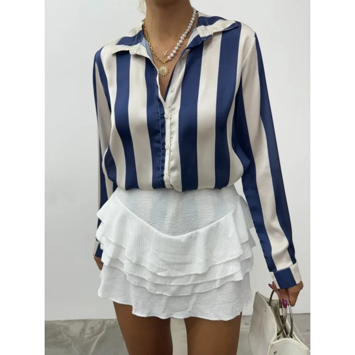 Boydan Düğmeli Arkası Uzun Saten Gömlek-Laci