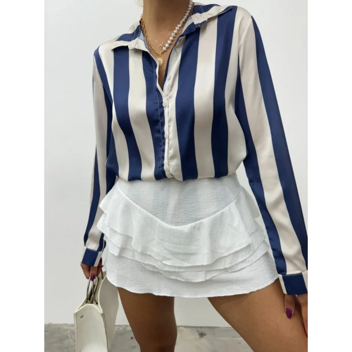 Boydan Düğmeli Arkası Uzun Saten Gömlek-Laci