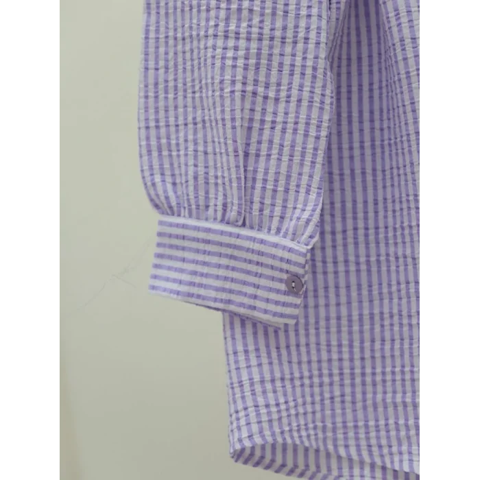 Boydan Düğmeli Bağcıklı Çizgili Bürümcük Gömlek -Lila