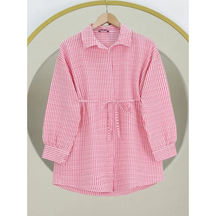 Boydan Düğmeli Bağcıklı Çizgili Bürümcük Gömlek -Pembe