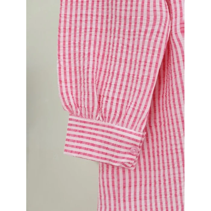Boydan Düğmeli Bağcıklı Çizgili Bürümcük Gömlek -Pembe