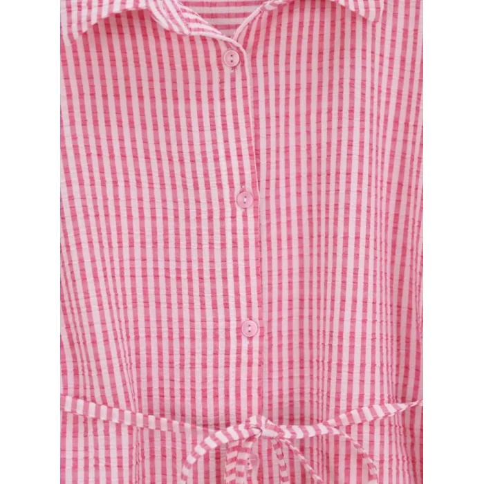 Boydan Düğmeli Bağcıklı Çizgili Bürümcük Gömlek -Pembe