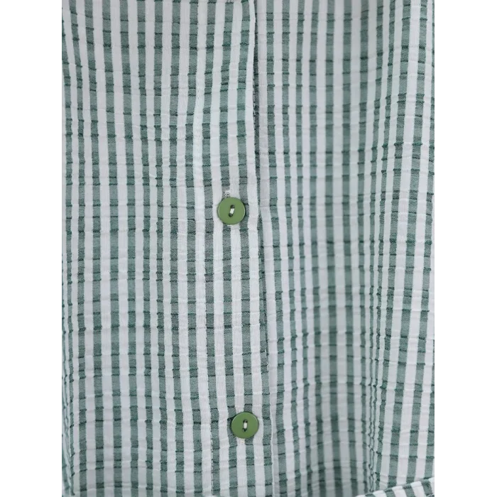 Boydan Düğmeli Bağcıklı Çizgili Bürümcük Gömlek -Yeşil