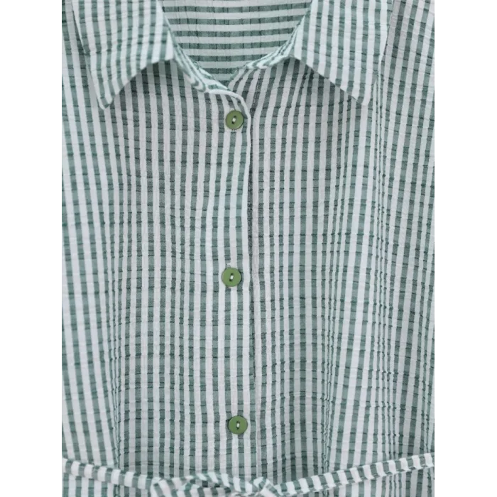 Boydan Düğmeli Bağcıklı Çizgili Bürümcük Gömlek -Yeşil