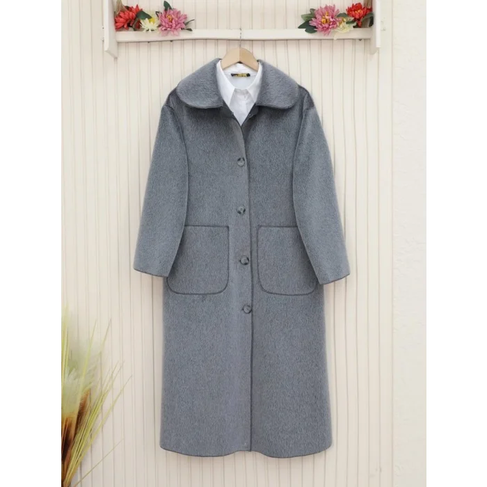 Boydan Düğmeli Cepli Kaban -Füme