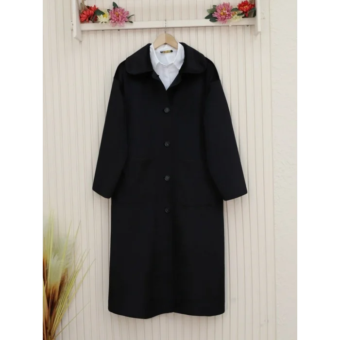 Boydan Düğmeli Cepli Kaban -Siyah